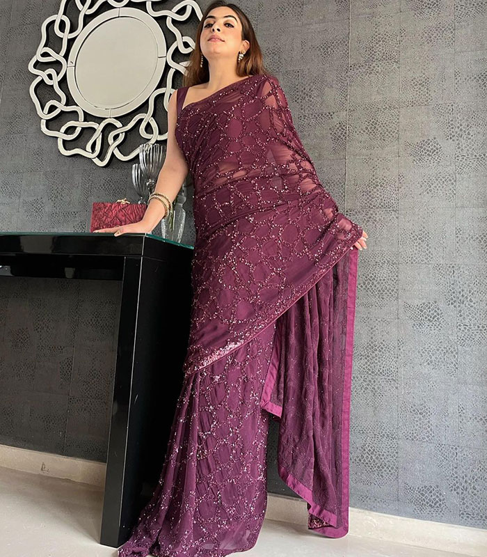 Amazing Maroon Color Heavy Sequence Embellished Party Wear Saree