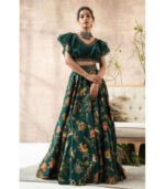 Green Dola Silk Printed Lehenga And Ruffle Blouse Set