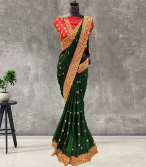 Dark Green Organza Embroidered Vichitra Silk Saree