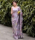 Gray Malai Satin Silk Designer Digital Printed Saree