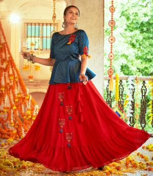 Teal Blue & Red Gajji Silk Navratri Top & Skirt