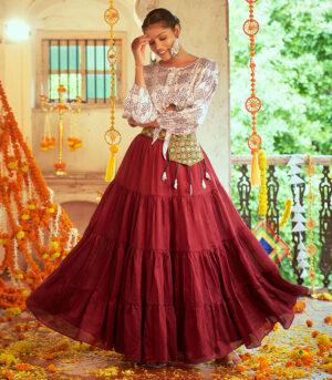 White & Red Gajji Silk Navratri Top & Skirt