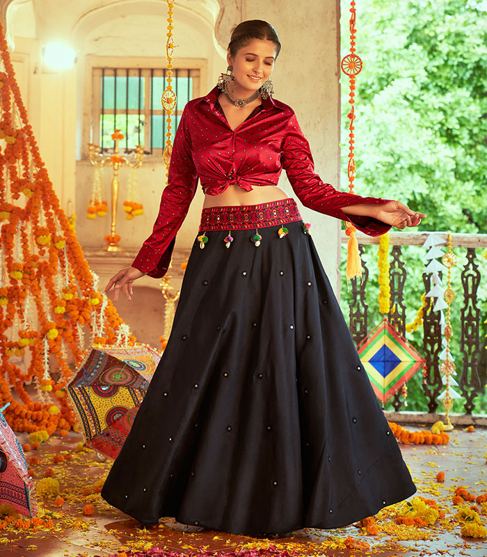 Garba Black Maroon Gajji Silk Prined Work Navratri Special Crop-Top Skirt,  Dry clean, Size: M & Xl at Rs 1400/piece in Surat