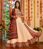 Beige Thread Embroidered With Mirror Navratri Lehenga Chaniya Choli