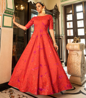 Orange Shibori Print With Sequence Embroidered Anarkali Long Gown