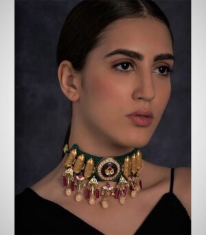Antique Gold Plated Chocker Necklace With Jade Drops