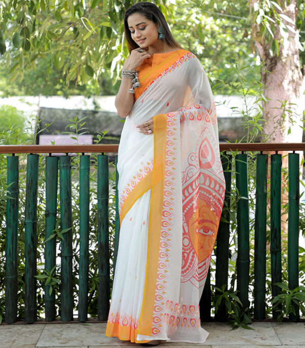 Exclusive Pure Linen White Navratri Saree - Zakarto