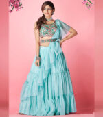 Sky Blue Handwork & Thread Embroidered Chiffon Semi Stitched Lehenga