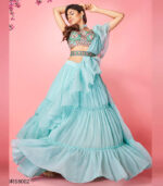 Sky Blue Handwork & Thread Embroidered Chiffon Semi Stitched Lehenga