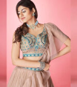 Rose Taupe Handwork & Thread Embroidered Chiffon Semi Stitched Lehenga