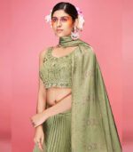 Olive Green Crush Hand Work & Thread Embroidered Art Silk Semi Stitched Lehenga