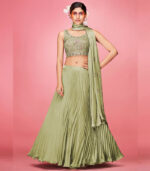 Olive Green Crush Hand Work & Thread Embroidered Art Silk Semi Stitched Lehenga