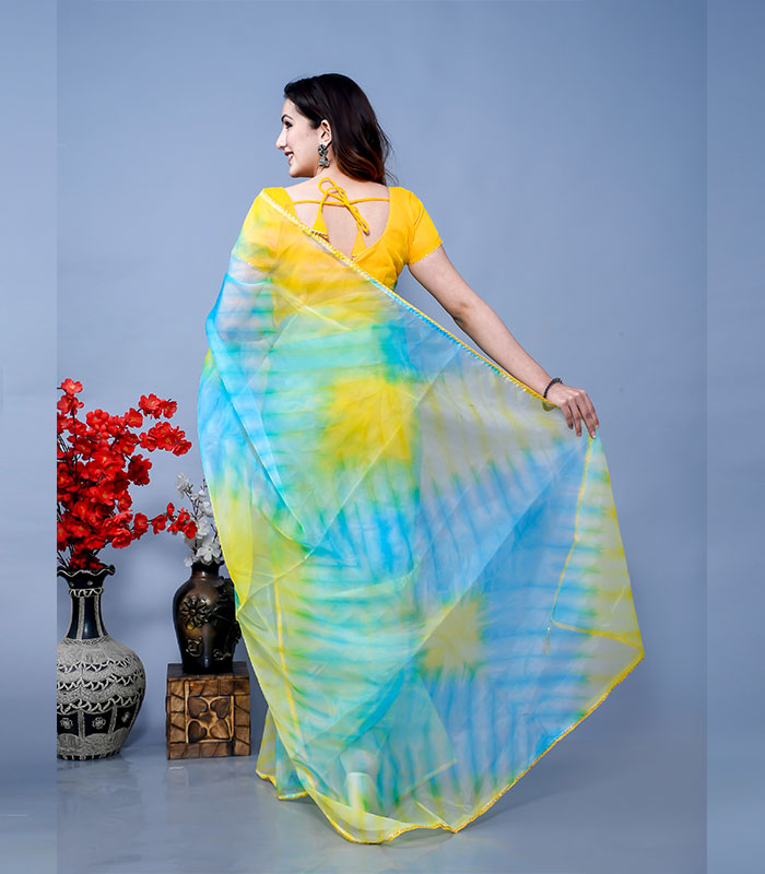 Medha Tie And Dye Saree With Blouse | Yellow, Mirror, Saree, V Neck, Half |  Saree, Blouses for women, Aza fashion