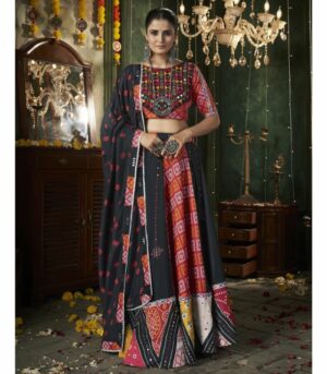 Black Maslin Cotton Printed With All Over Mirror Work Navratri Chaniya Choli For Women