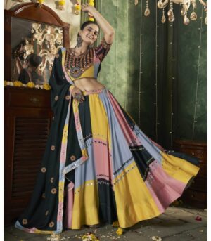 Multicolor Maslin Cotton Printed With All Over Mirror Work Best Navratri Lehenga Choli