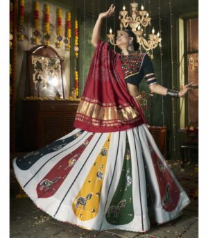 White Maslin Cotton Printed With All Over Mirror Work Navratri Chaniya Choli For Women