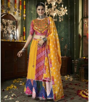 Yellow Maslin Cotton Printed With All Over Mirror Work Navratri Lehenga Choli