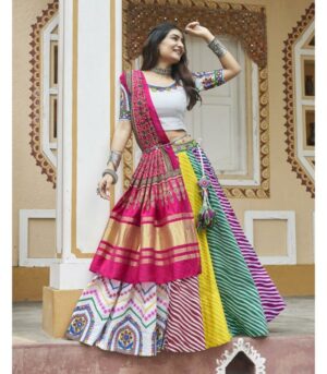 White Maslin Cotton Print With Embroidery Best Navratri Lehenga Choli