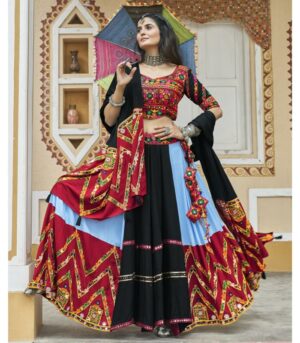 Sky Viscose Rayon Embroidery With Mirror Work Navratri Lehenga Choli