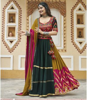 Mustard Yellow Viscose Rayon Embroidery Navratri Chaniya Choli For Women