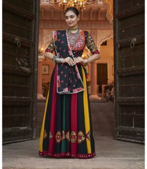 Multicolor Viscose Rayon Embroidery With Mirror Work Navratri Chaniya Choli For Women