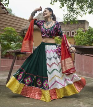 Multicolor Viscose Rayon Embroidered Work With Mirror Navratri Lehenga Choli