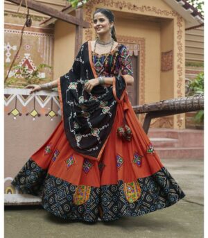 Orange Viscose Rayon Embroidered Work With Mirror Navratri Chaniya Choli For Women