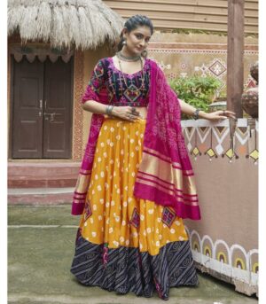 Yellow Maslin Cotton Print With Embroidered Work Navratri Chaniya Choli For Women