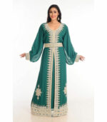 Green Zari Work Stones & Beads Embellish Georgette Islamic Style Arabian Maxi Partywear Kaftan