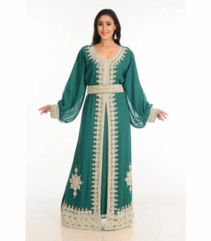 Green Zari Work Stones & Beads Embellish Georgette Islamic Style Arabian Maxi Partywear Kaftan