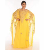 Sale !! Dubai Moroccan Islamic Yellow Kaftan Beach Fancy Modern Floor Length Bell Sleeve For Women Dress